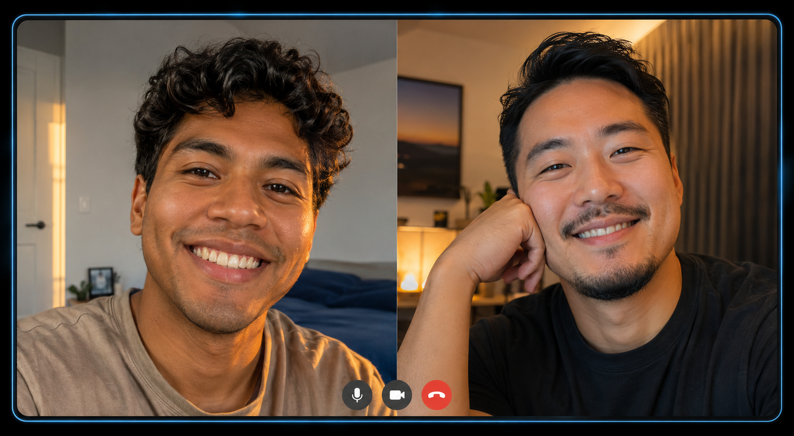Two men on genuine video call showing authentic connection